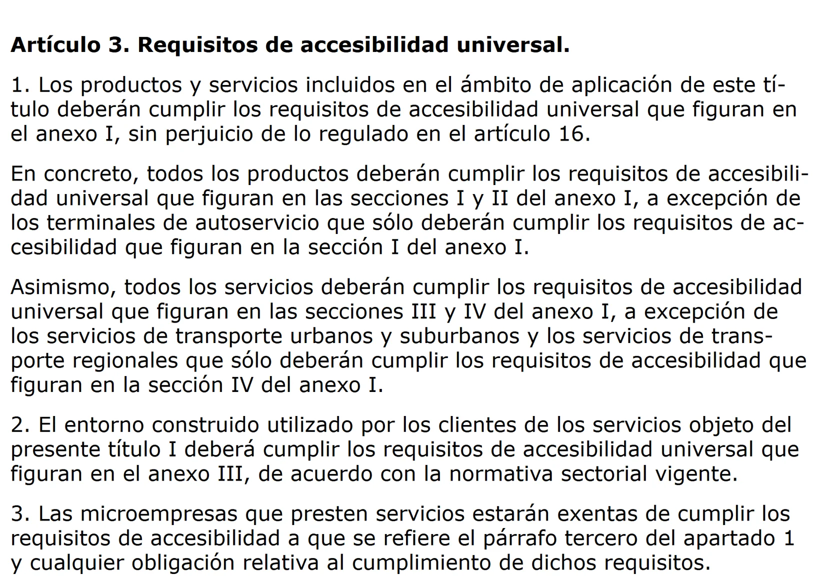 Captura del artículo 3 de la Ley 11/2023 en el BOE, cuyo apartado 3 exime a las microempresas que prestan servicios de los requisitos de accesibilidad