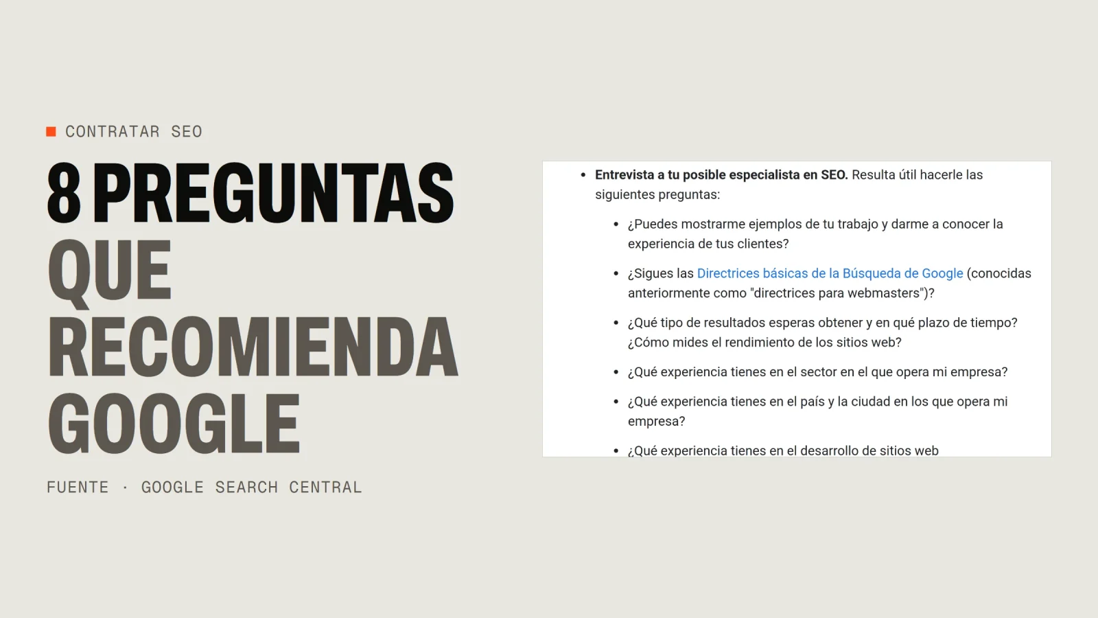 Captura de la guía de Google con las preguntas que recomienda hacer a un especialista en SEO antes de contratarlo