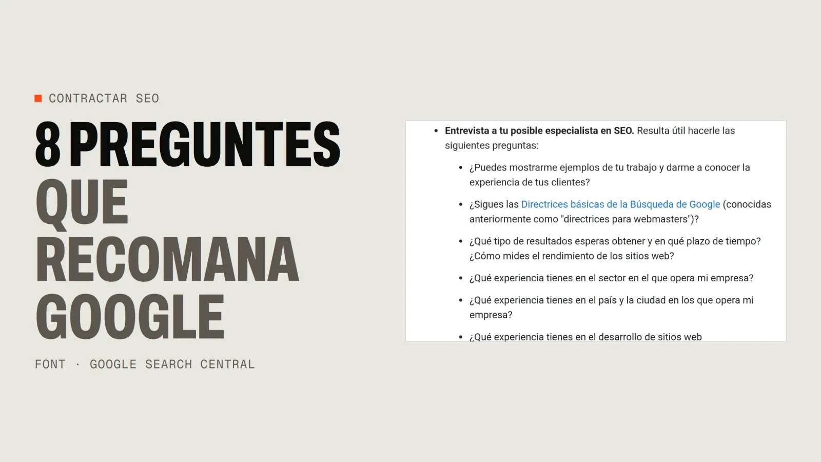 Captura de la guia de Google amb les preguntes que recomana fer a un especialista en SEO abans de contractar-lo