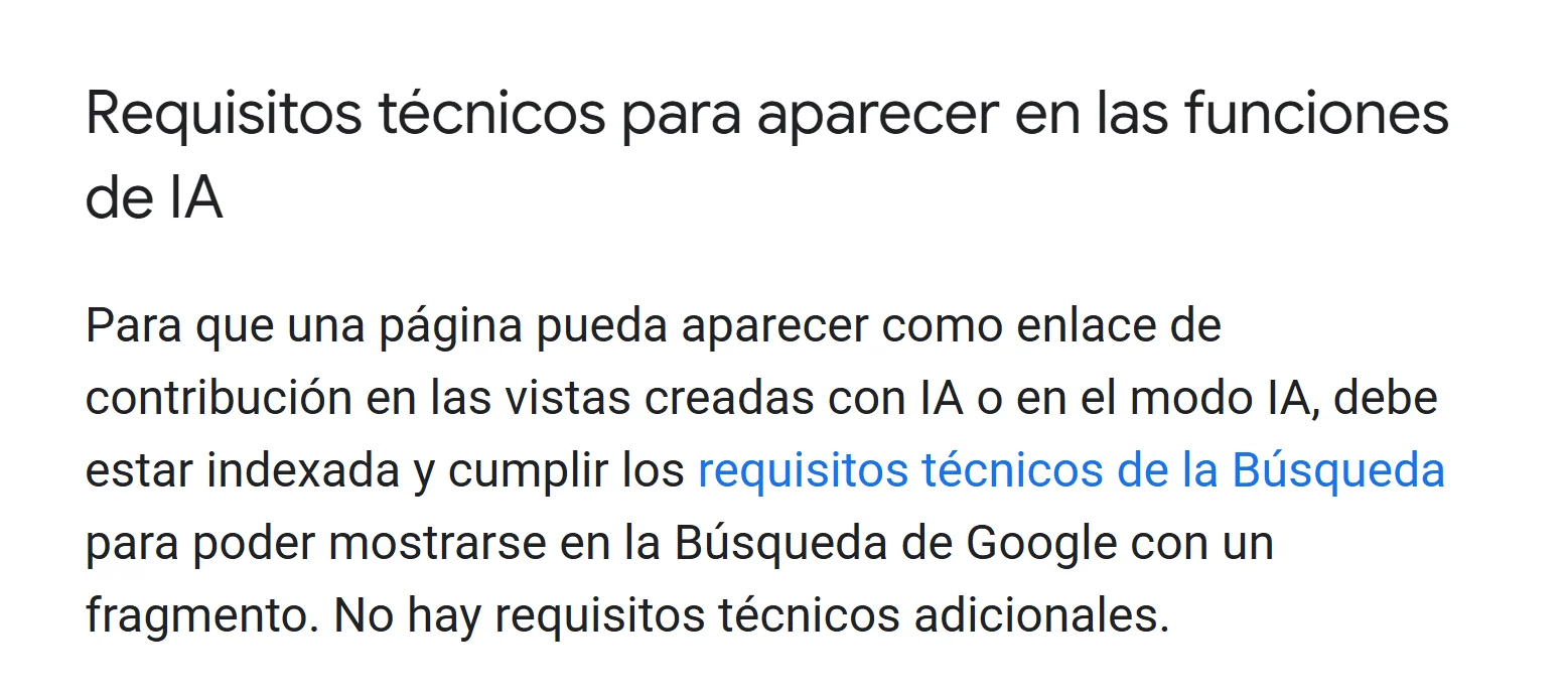Captura de la documentació de Google que diu que per aparèixer a les funcions d'IA una pàgina ha d'estar indexada i que no hi ha requisits tècnics addicionals