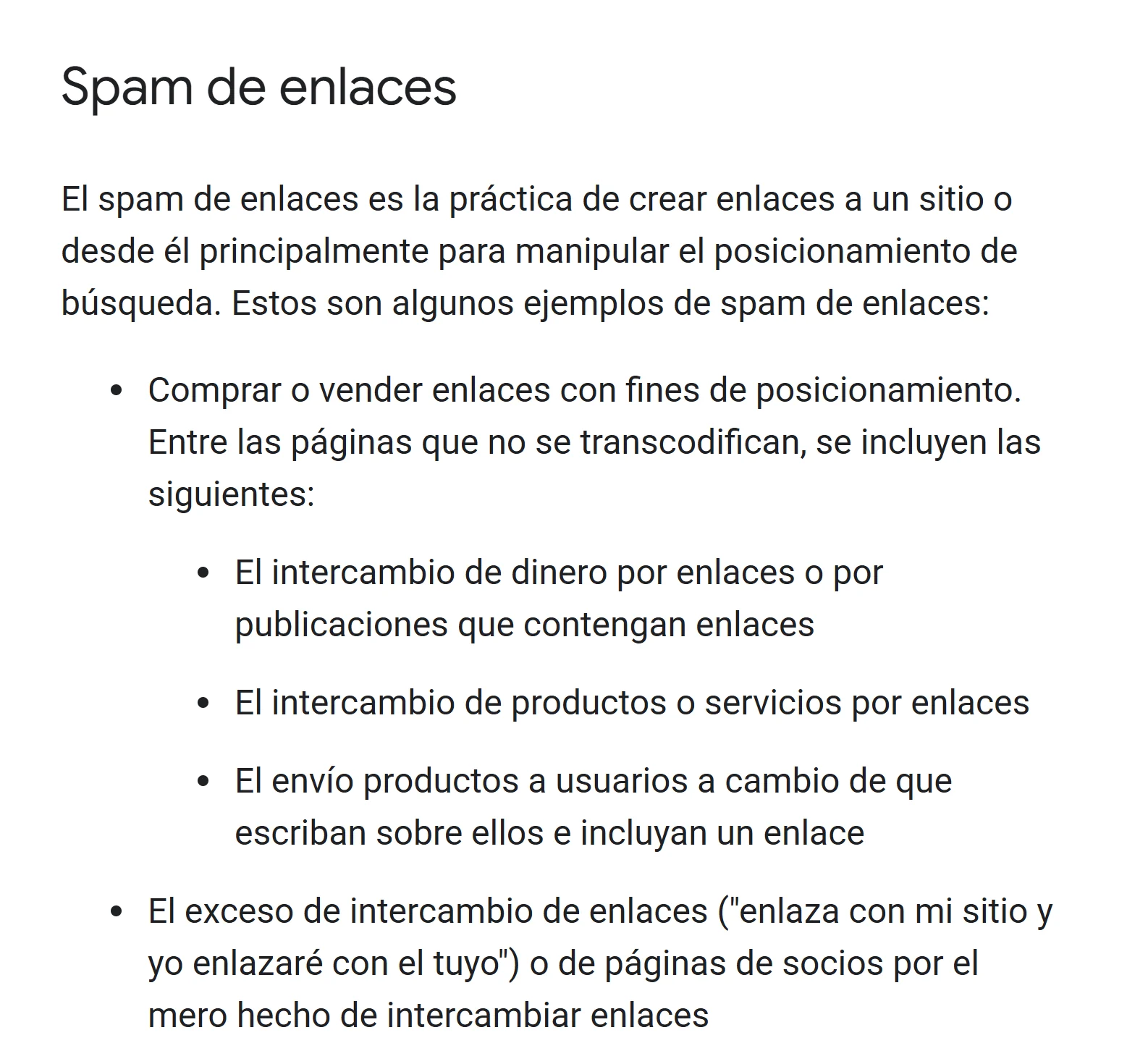 Captura de las políticas de Google sobre spam de enlaces, que incluyen comprar o vender enlaces con fines de posicionamiento