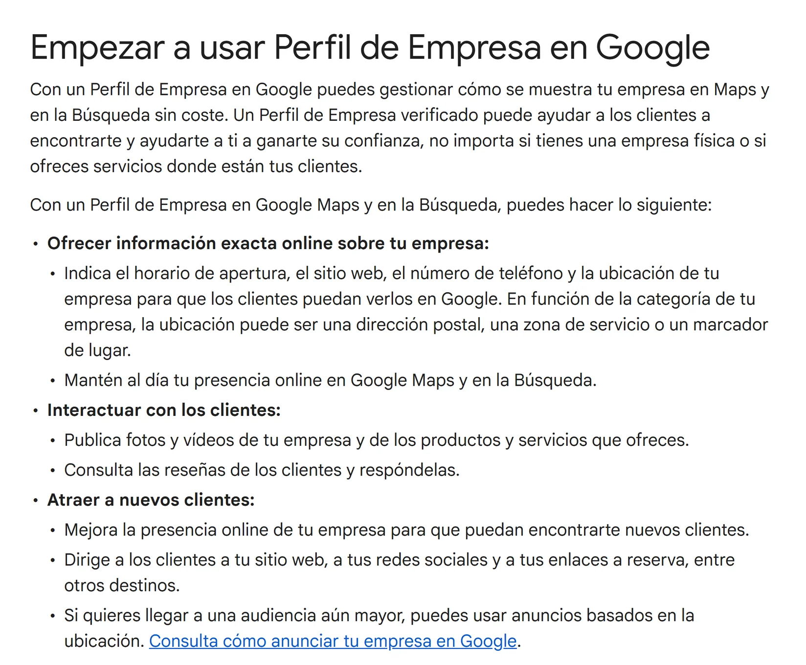 Captura de l'ajuda de Google que explica què permet fer el Perfil d'Empresa a Maps i a la Cerca sense cost