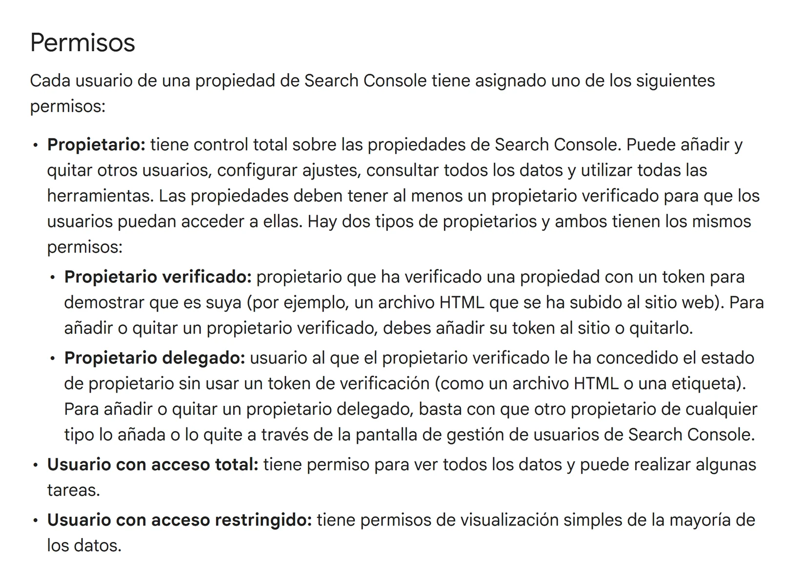 Captura de la ayuda de Search Console con los niveles de permiso, propietario, usuario con acceso total y usuario con acceso restringido